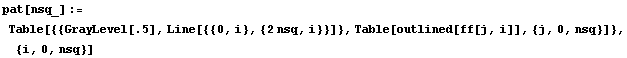pat[nsq_] := Table[{{GrayLevel[.5], Line[{{0, i}, {2 nsq, i}}]}, Table[outlined[ff[j, i]], {j, 0, nsq}]}, {i, 0, nsq}]