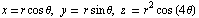 x = r cos θ, y = r sin θ, z = r^2 cos (4 θ)