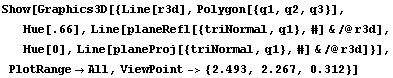 RowBox[{Show, [, RowBox[{Graphics3D[{Line[r3d], Polygon[{q1, q2, q3}], Hue[.66], Line[planeRef ... l, ,, RowBox[{ViewPoint, ->, RowBox[{{, RowBox[{2.493, ,,  , 2.267, ,,  , 0.312}], }}]}]}], ]}]