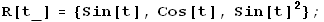 R[t_] = {Sin[t], Cos[t], Sin[t]^2} ;