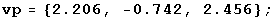 RowBox[{RowBox[{vp, =, RowBox[{{, RowBox[{2.206, ,,  , RowBox[{-, 0.742}], ,,  , 2.456}], }}]}], ;}]